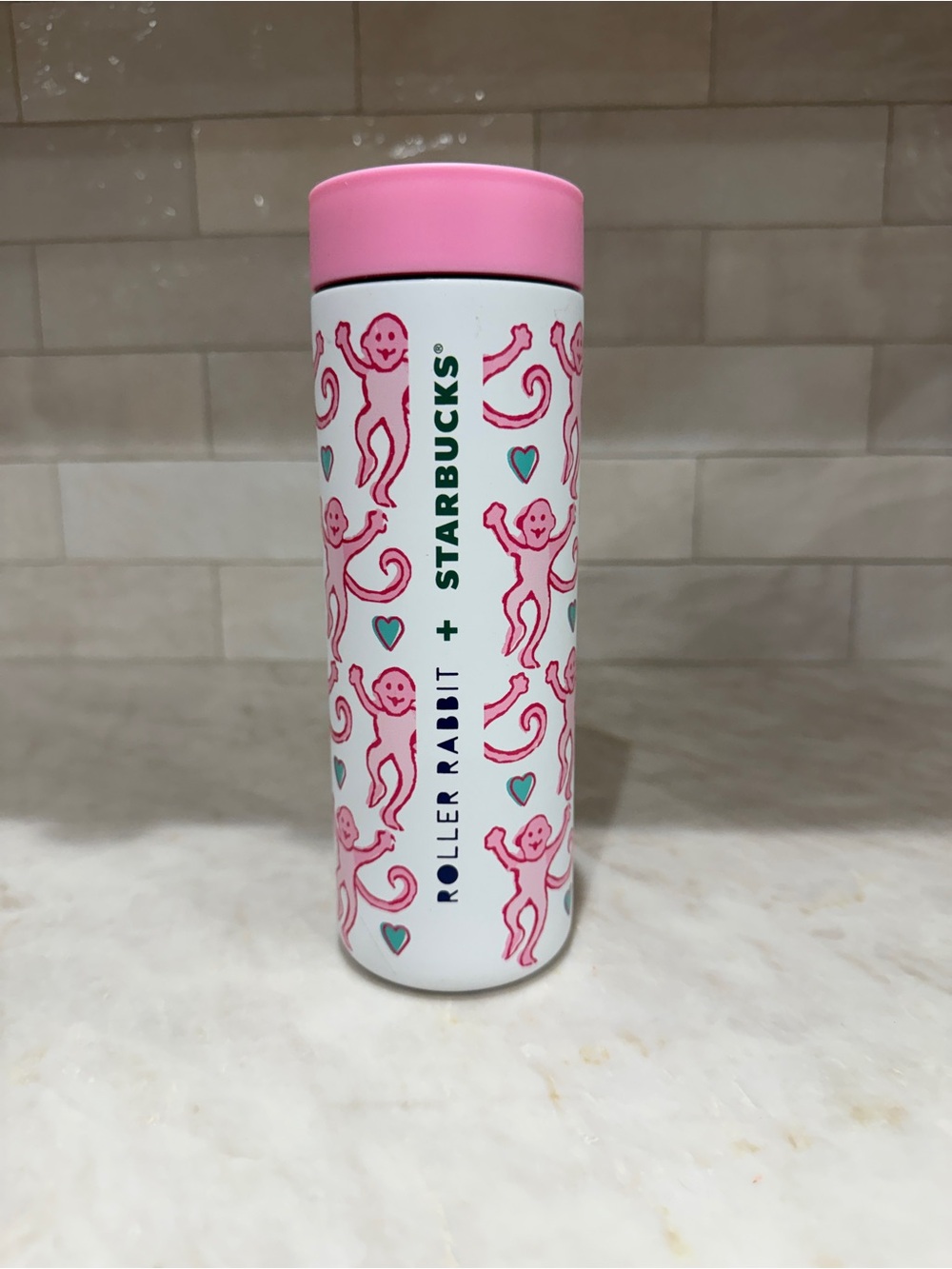 Roller Rabbit Pink & White Monkey Pattern Insulated Tumbler